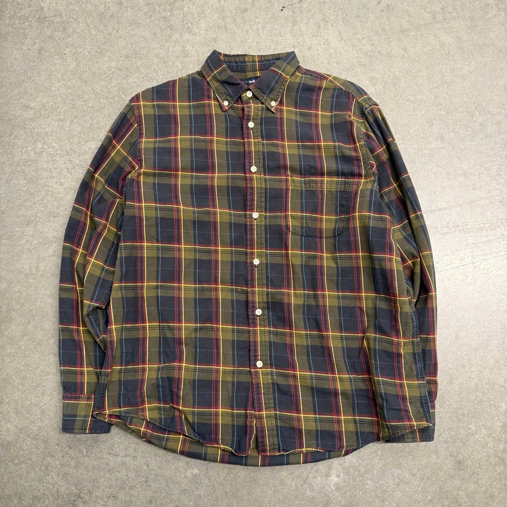 Viyella Lands End Mens Large Plaid Button Down Shirt Olive Navy Red Long Sleeve
